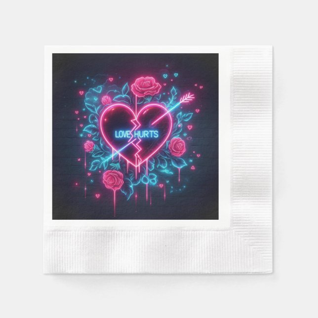 Valentine's Day Love Hurts Neon Heart Napkin (Front)
