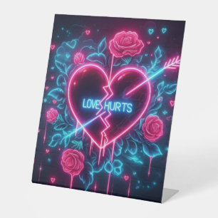 Valentine's Day Love Hurts Neon Heart Pedestal Sign