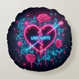 Valentine's Day Love Hurts Neon Heart Round Cushion