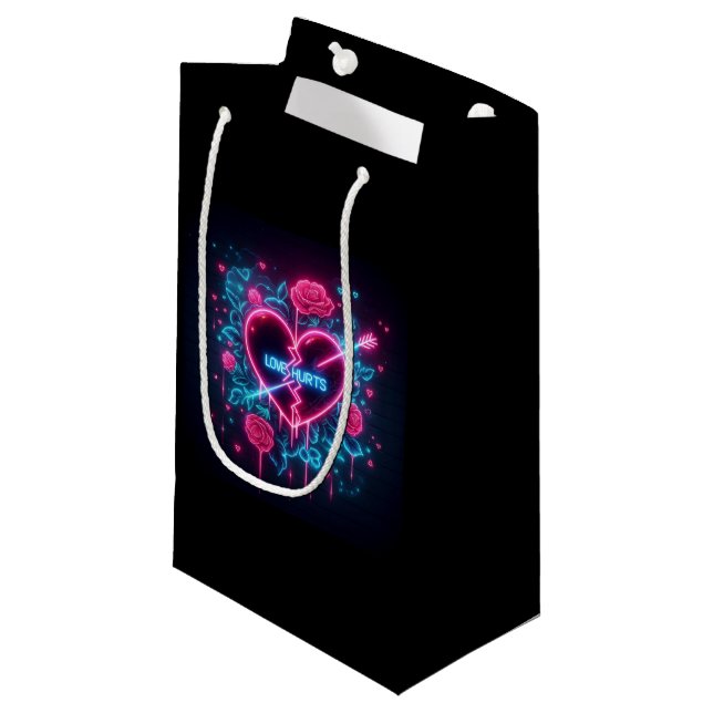Valentine's Day Love Hurts Neon Heart Small Gift Bag (Front Angled)