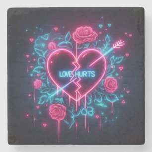 Valentine's Day Love Hurts Neon Heart Stone Coaster