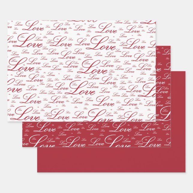 Valentine's Day "Love" Red Typography Pattern Wrapping Paper Sheet (Set)