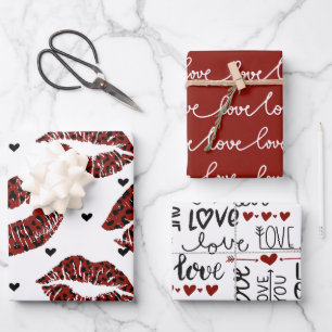 VALENTINES DAY LOVE SCRIPT HEARTS & LIPS WRAPPING PAPER SHEET