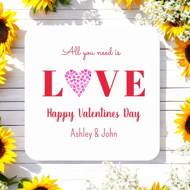 Valentines Day Love Script Red Heart Square Paper Coaster (Creator Uploaded)