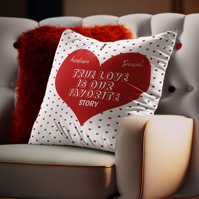 Valentines Day love story quote red heart pattern Cushion (Creator Uploaded)