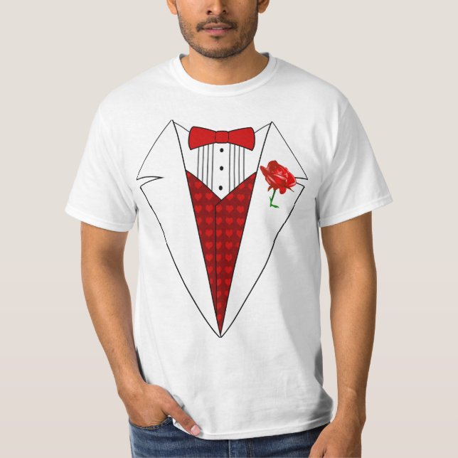Valentine's Day Lover Tuxedo T-Shirt with Red Rose (Front)