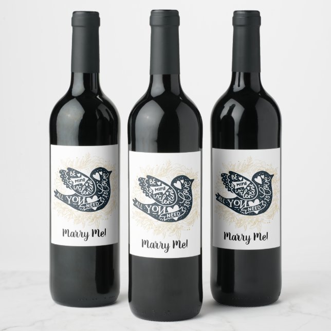 Valentines Day Marry Me Gold Floral Folk Art Bird Wine Label (Bottles)