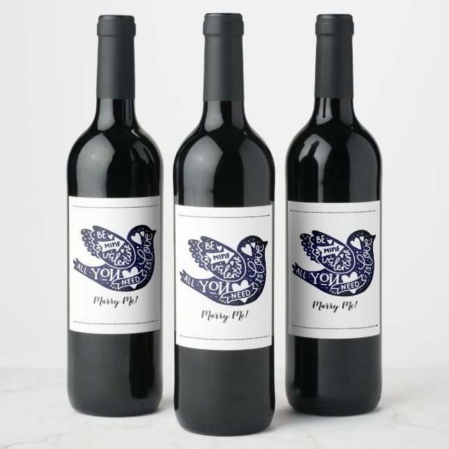 Valentines Day Marry Me Love Bird Wine Label (Bottles)