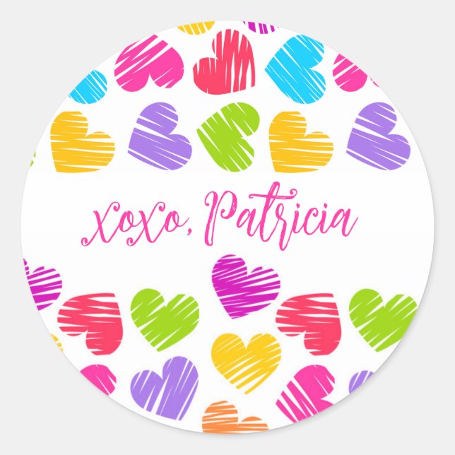 Valentines Day Modern Vibrant Hearts XOXO Name  Classic Round Sticker (Front)