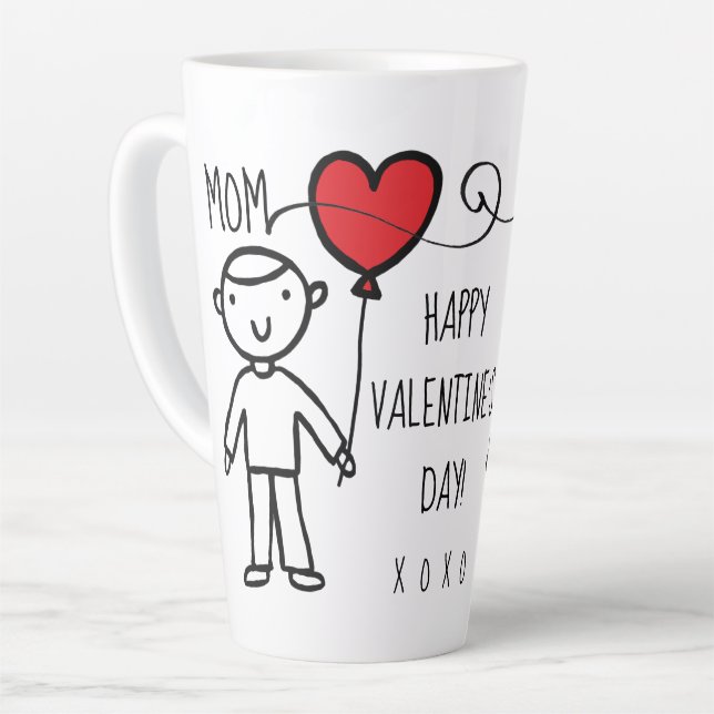 Valentine's Day Mom Red Heart Cartoon XOXO Boy Latte Mug (Left Angle)