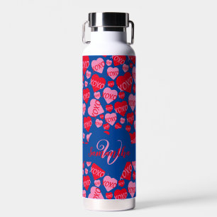 Valentine's Day Monogram Pink Heart  XOXO Blue Water Bottle