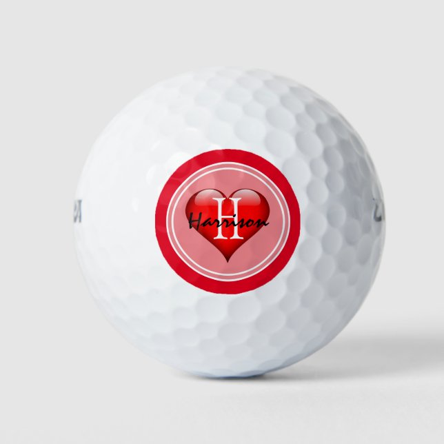 Valentines Day Monogram Red Heart Golf Balls (Front)