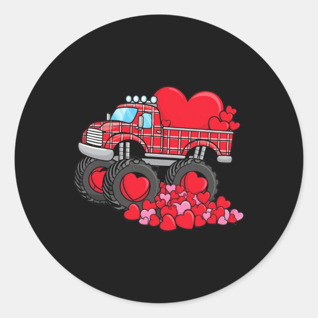 Valentine's Day Monster Truck With Hearts Plaid Bo Classic Round Sticker (Front)