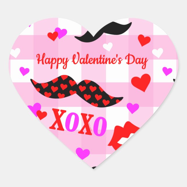 Valentine's Day Moustaches Love and Kisses  Heart Sticker (Front)