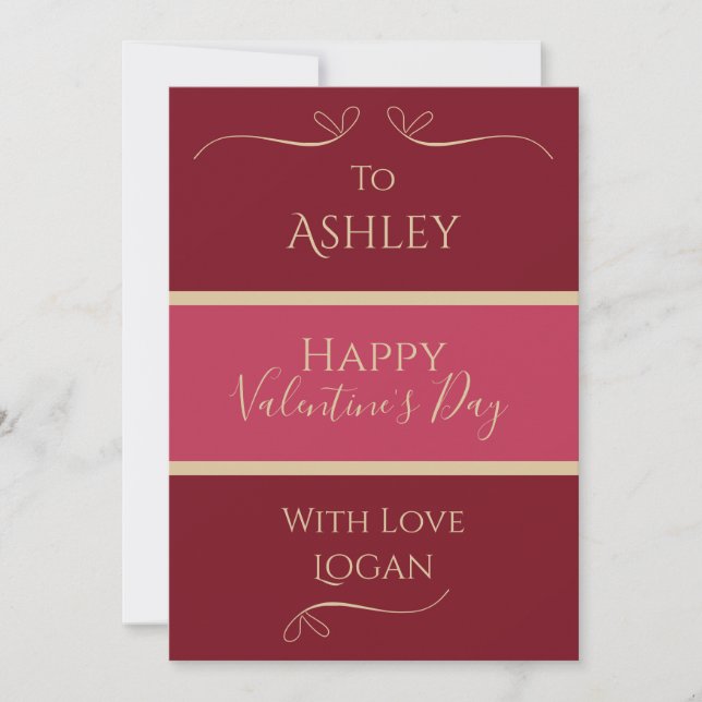 Valentines Day Name Minimal Burgundy Hot Pink Gold Holiday Card (Front)