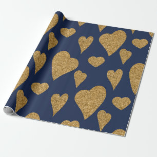 Valentine's Day Navy Blue and Gold Hearts Wrapping Paper
