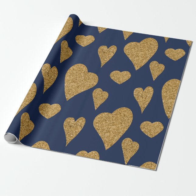 Valentine's Day Navy Blue and Gold Hearts Wrapping Paper (Unrolled)