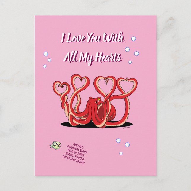 Valentine's Day Octopus Hearts Holiday Postcard (Front)