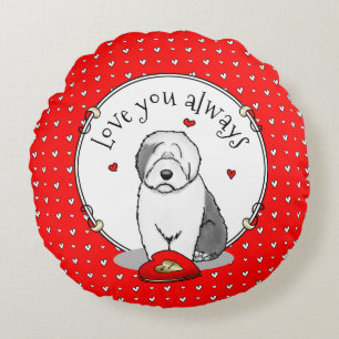 Valentine's Day Old English Sheepdog Grey 1 Cute Round Cushion