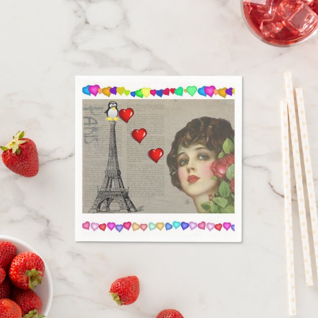 Valentine's Day Paper Napkins, Penguin Hearts Napkin (Insitu)