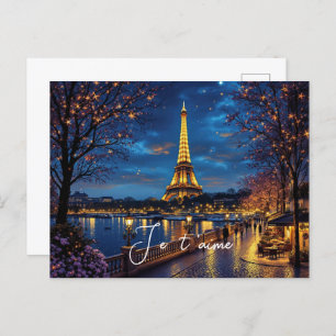 Valentine's Day  Paris at Night with Eiffel Tower- Holiday Postcard