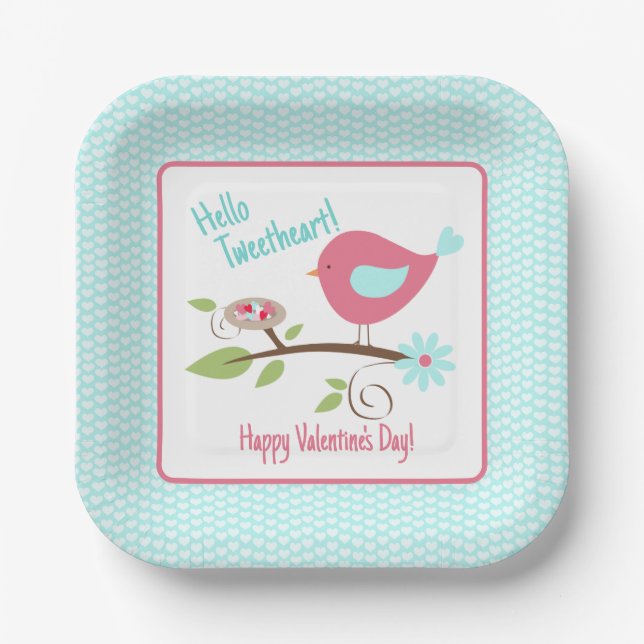 Valentine's Day Party Bird Hello Tweetheart Paper Plate (Front)