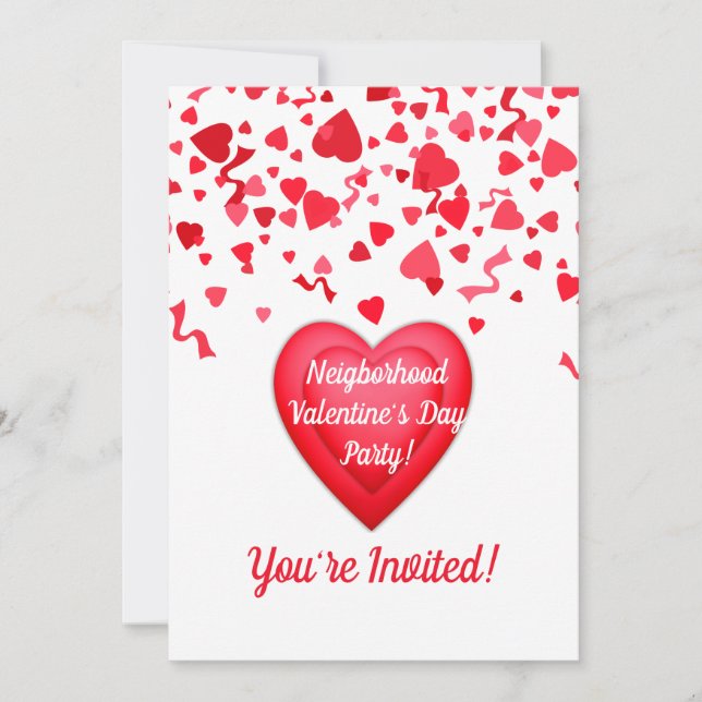 Valentine's Day Party Confetti Hearts Personalised Invitation (Front)