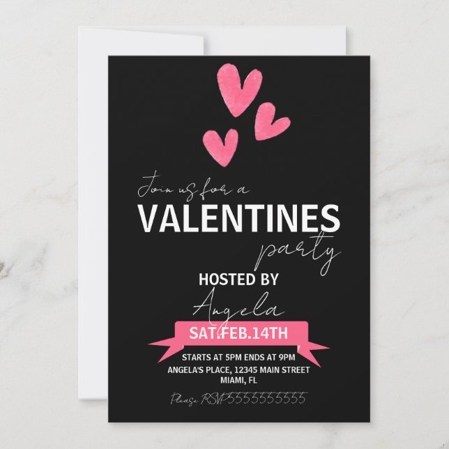 Valentines Day Party Event Pink Black  Invitation (Front)