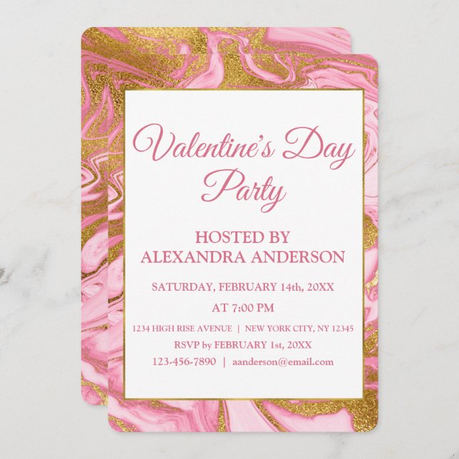 Valentine's Day Party Gold Foil & Hot Pink Marble Invitation (Front/Back)