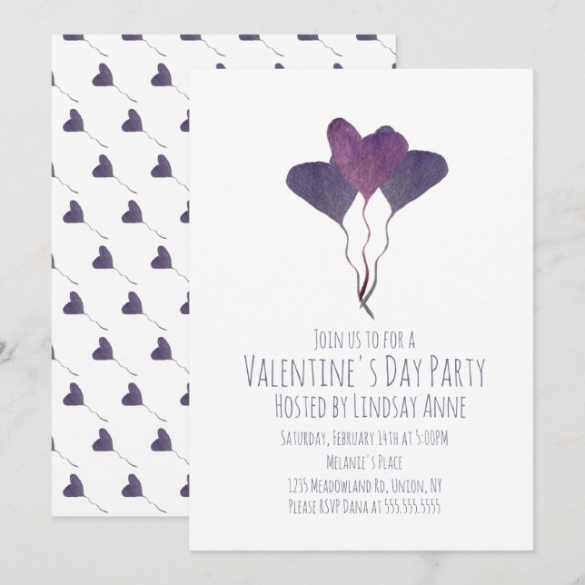 Valentines Day Party Heart Watercolor Purple  Invitation (Front/Back)