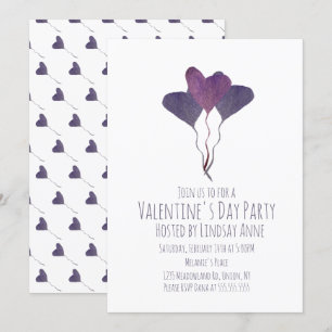 Valentines Day Party Heart Watercolor Purple  Invitation