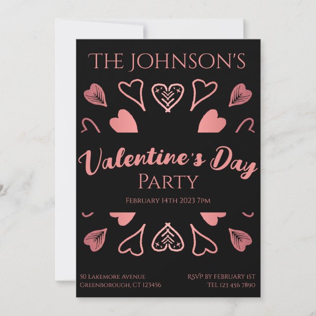 Valentines Day Party Hearts Black Rose Gold Invitation (Front)