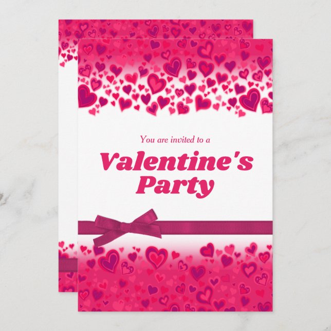Valentine's day party pink hearts and bow invitation (Front/Back)