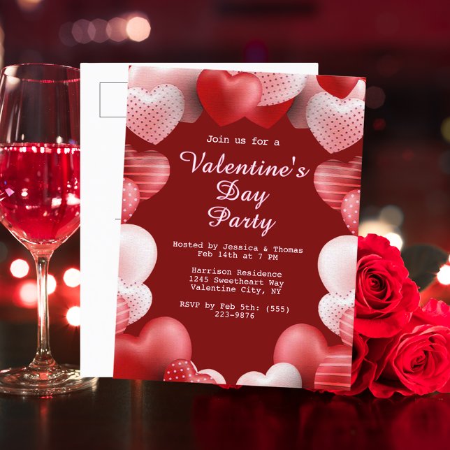 Valentine's Day Party Pink & Red Love Hearts Holiday Postcard (Valentine's Day Party Pink & Red Love Hearts Holiday Postcard)