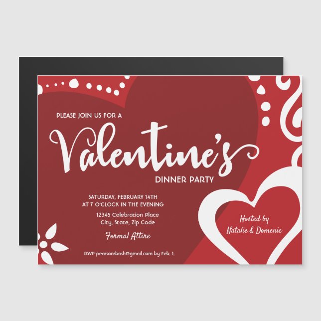 Valentines Day Party Red and white Modern Heart Magnetic Invitation (Front/Back)