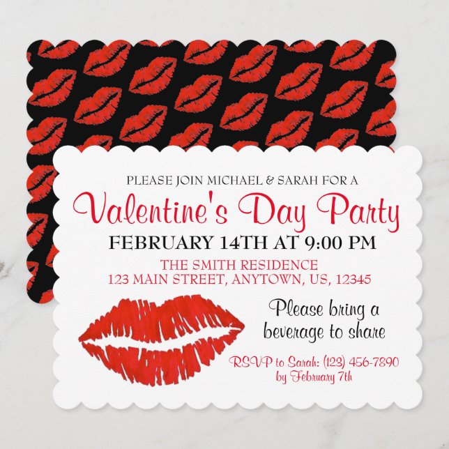 Valentine's Day Party Red Lips Lipstick Kiss Love Invitation (Front/Back)