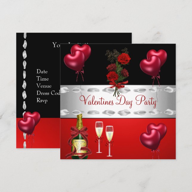 Valentines Day Party  Red Roses Balloons Invitation (Front/Back)