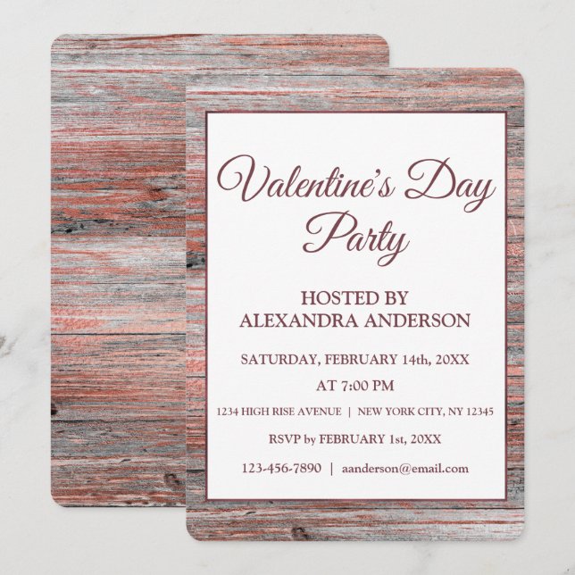 Valentine's Day Party Rose Gold Foil & Rustic Wood Invitation (Front/Back)