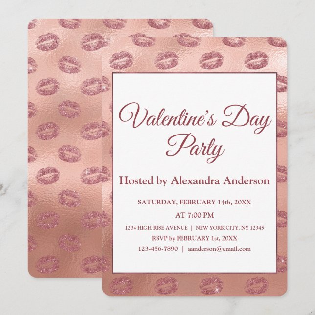 Valentine's Day Party Rose Gold Lips Kisses Invitation (Front/Back)