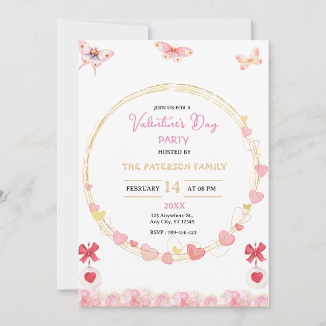 Valentine's Day Party with Pink And Gold Hearts Invitation (Front)