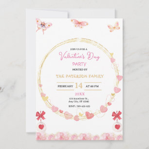 Valentine's Day Party with Pink And Gold Hearts Invitation