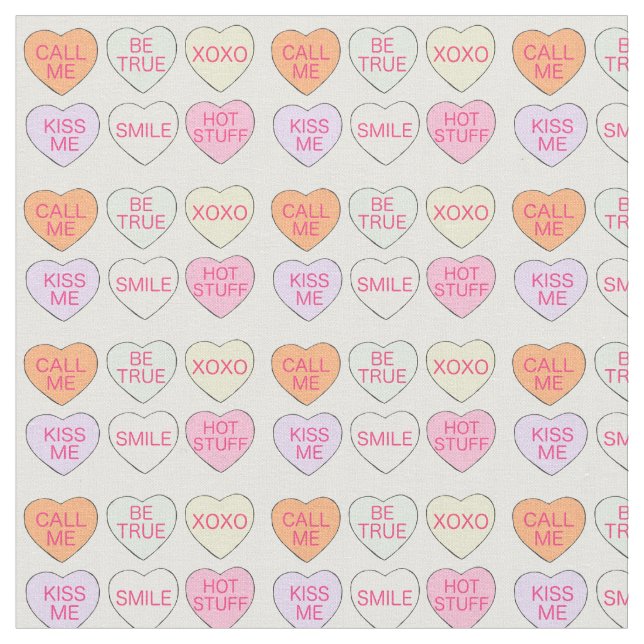 Valentine's Day Pastel Candy Conversation Hearts Fabric (Close Up)