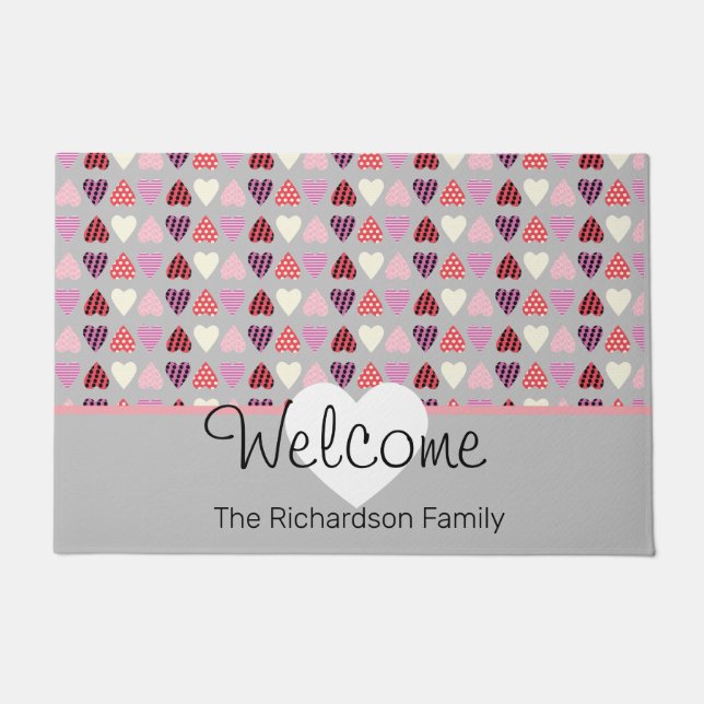 Valentines Day Pattern Hearts Cute  Grey Doormat (Front)