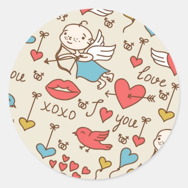 Valentine's Day Pattern with Cupid Classic Round Sticker (Front)