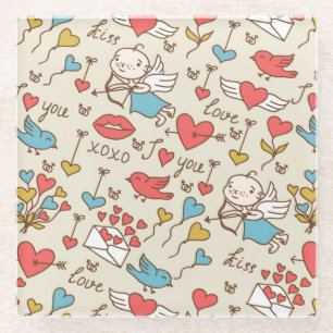 Valentine's Day Pattern with Cupid Glass Coaster
