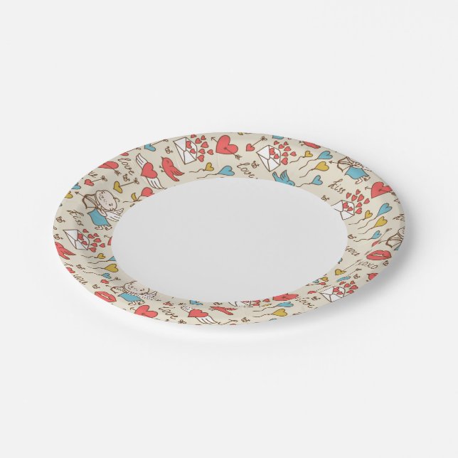 Valentine's Day Pattern with Cupid Paper Plate (Angled)
