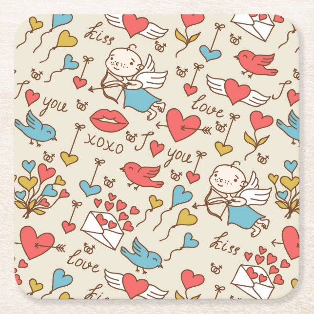 Valentine's Day Pattern with Cupid Square Paper Coaster (Front)