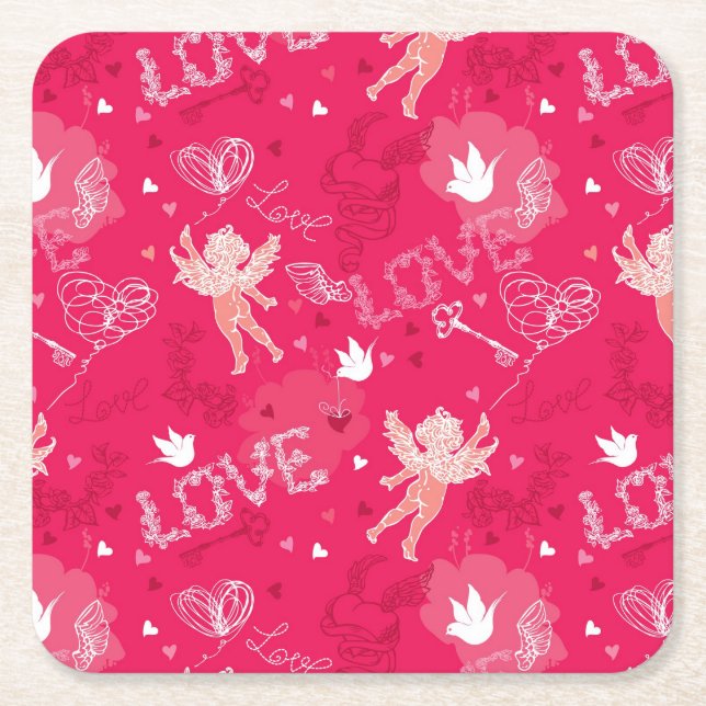 Valentine's Day  Pattern With Cupid Square Paper Coaster (Front)