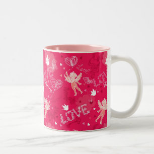 Valentine's Day Pattern With Cupid Two-Tone Coffee Mug