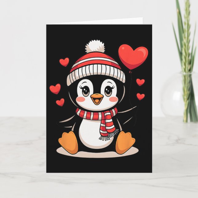 Valentine's Day Penguin Heart Balloon Cute  Card (Front)